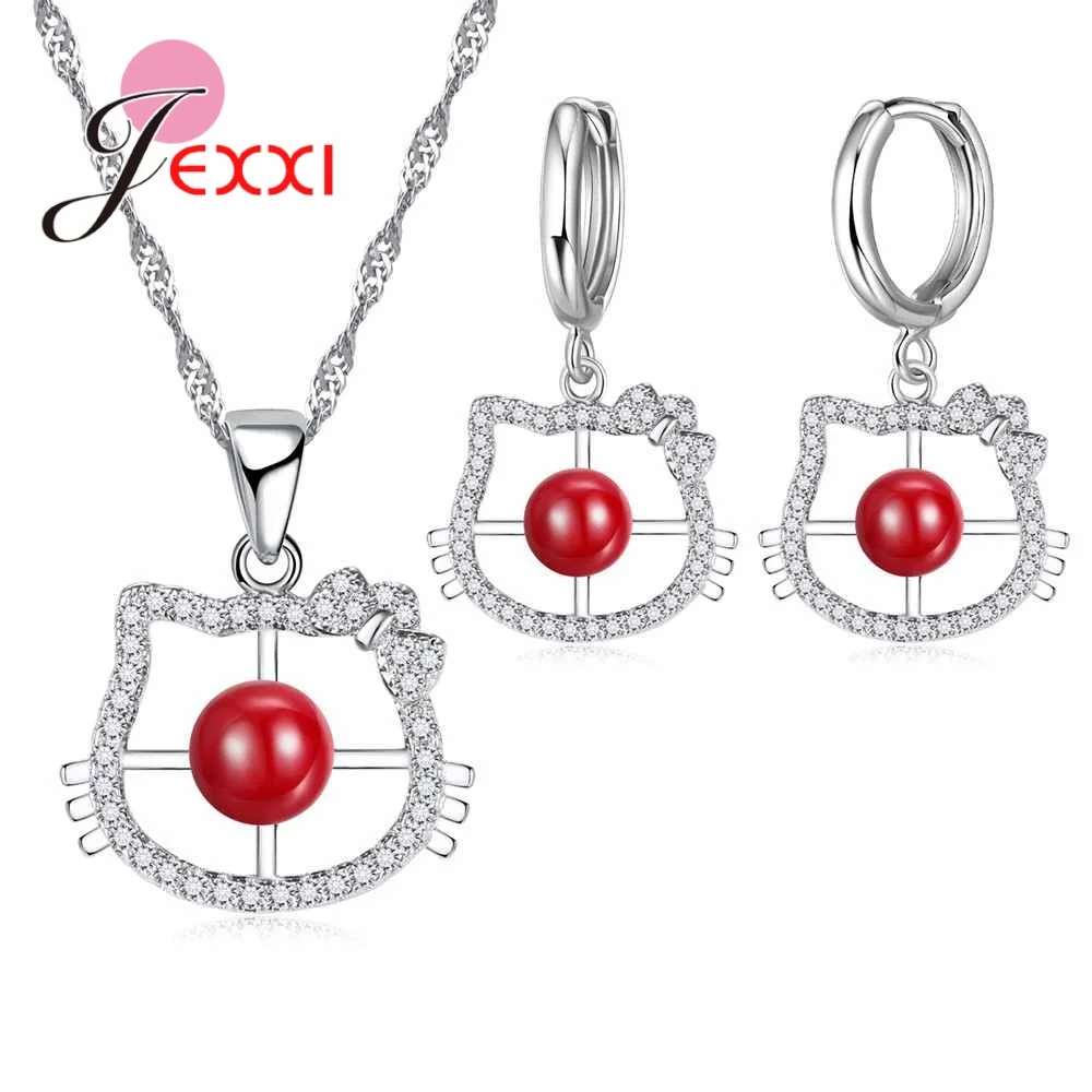 Fast Shipping Classic Charming Cat Animal Shape Red Cubic Zirconia Austrian Crystal Stone 925 Sterling Silver and CZ | Украшения и