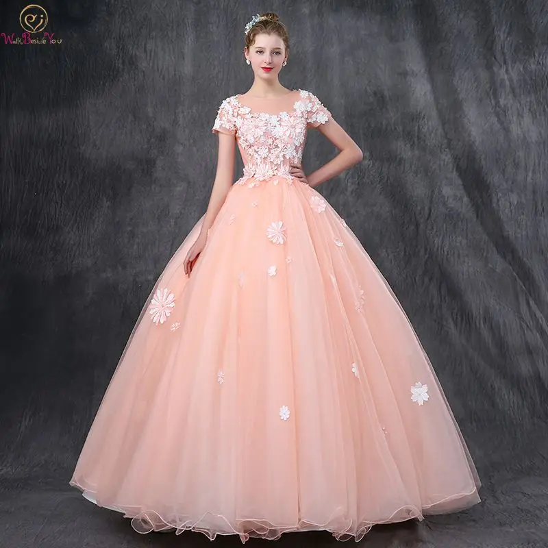 

Walk Beside You Blush Pink Quinceanera Dresses Cap Short Sleeves Flowers Pearl Beading Ball Gown Vestidos De 15 Anos Sweet 16