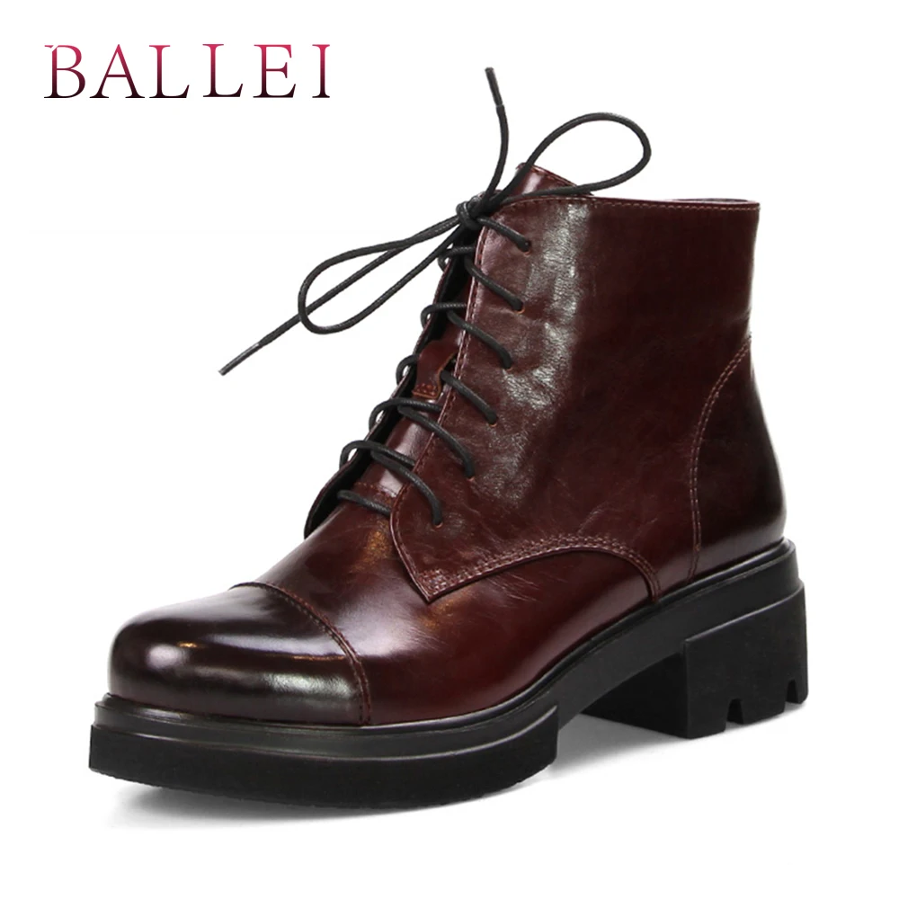 

BALLEI Fashion Woman Winter Ankle Boots Handsome Genuine Leather Retro Round Toe Short Boots Soft Square Heel Lace-up Boots B19