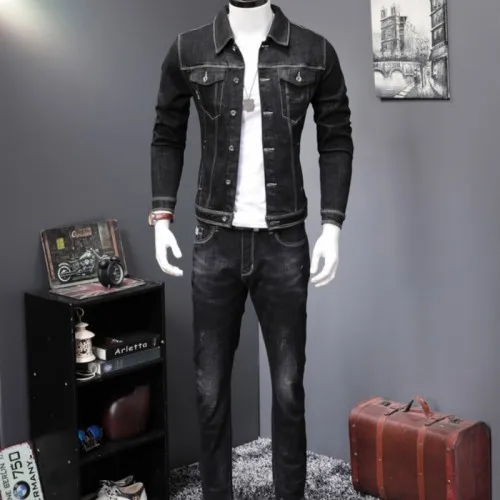 Весна, черный джинсовый комбинезон, мужской комплект из двух предметов, длинный рукав, с буквенным принтом, джинсы с принтом, куртка на молнии, джинсы, модные байкерские брюки - Цвет: as picture
