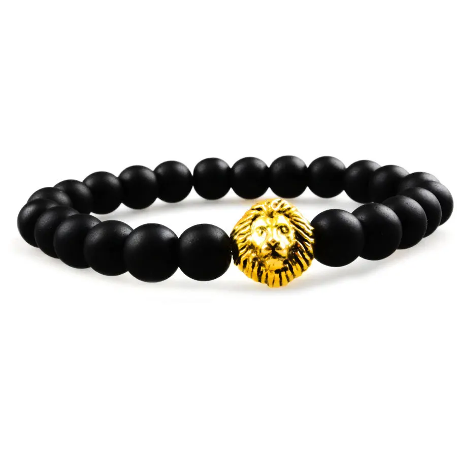 

SN0634 Man Popular Matte Black Onyx Bracelet with Gold lion head cool gold lion bracelet gift for him