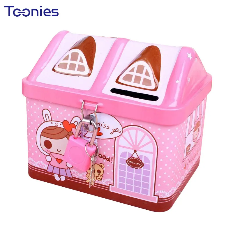 House Miniature cute Coin Bank Dolls Money Box with Key Metal Kid's
