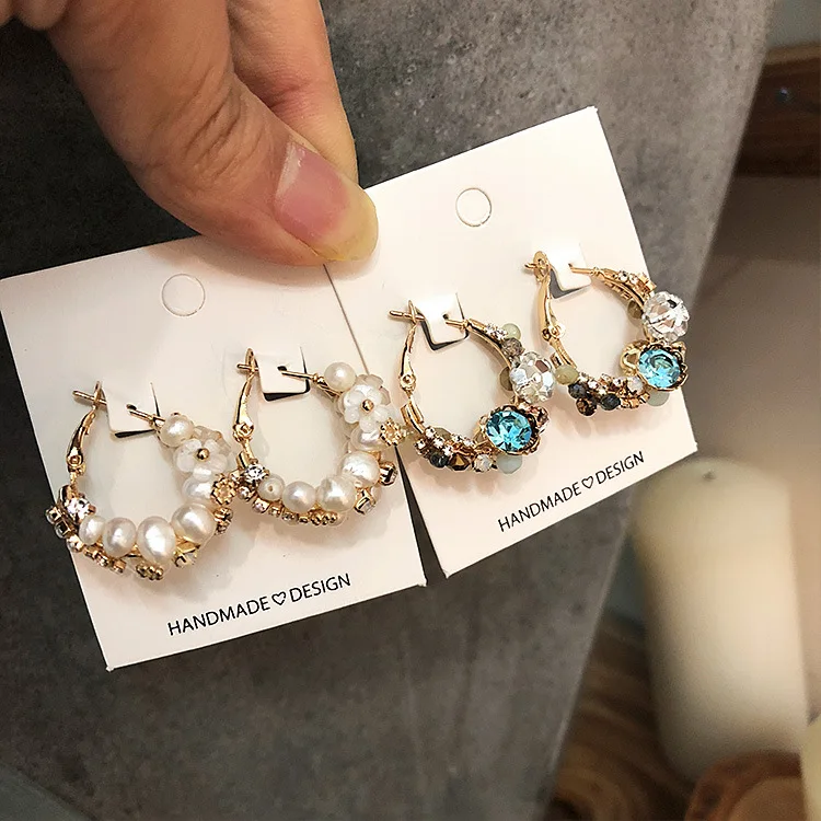 

2019 Korea Flower Earrings female ultra fairy color Crystal freshwater Pearl Ear Hoop Earrings For Women Accessories