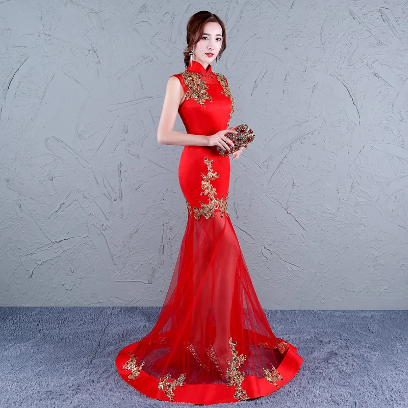 Традиционное китайское платье qipao без рукавов женское длинное зеленое русалки с