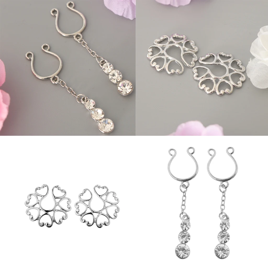 MagiDeal 4Pcs Crystal Stainless Ring Non-piercing Fake Nipple Ring Clip On Adjustable Body Jewelry