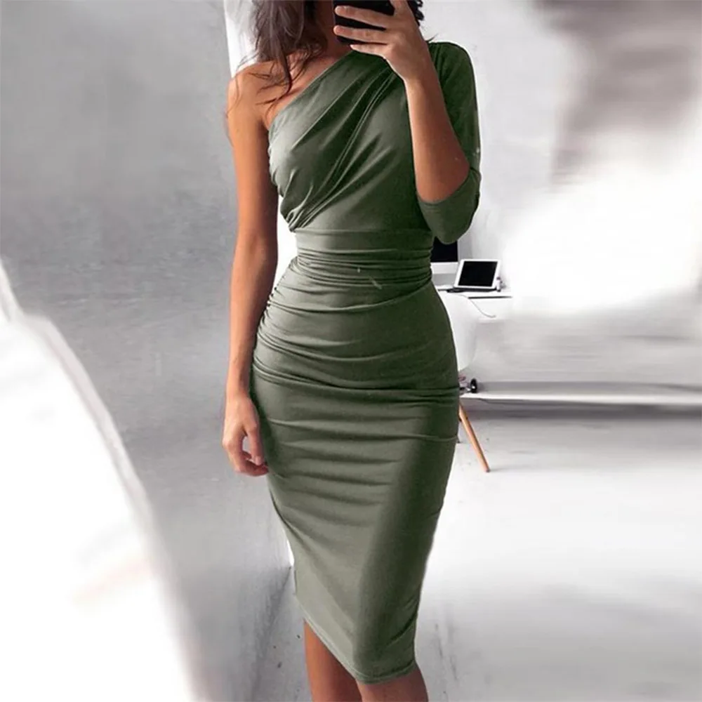 На Одно Плечо плюс размеры для женщин пикантные платья для Bodycon Элегантный Половина рукава по колено Вечерние вечернее платье женщи - Цвет: Зеленый