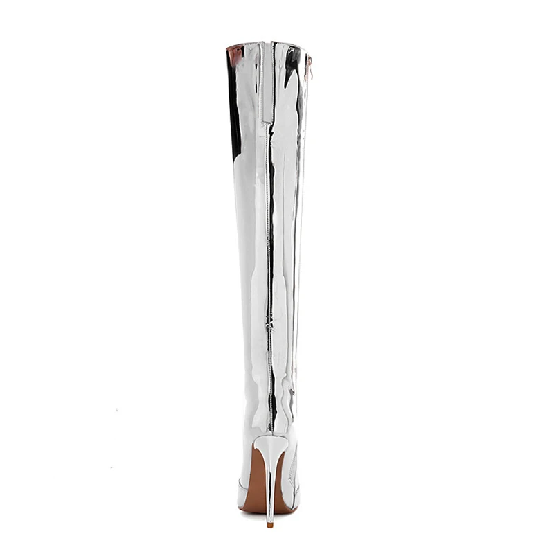 Сапоги выше колена из лакированной кожи пикантные женские сапоги до бедра с острым носком Теплые зимние женские сапоги на тонком высоком каблуке WB-1403