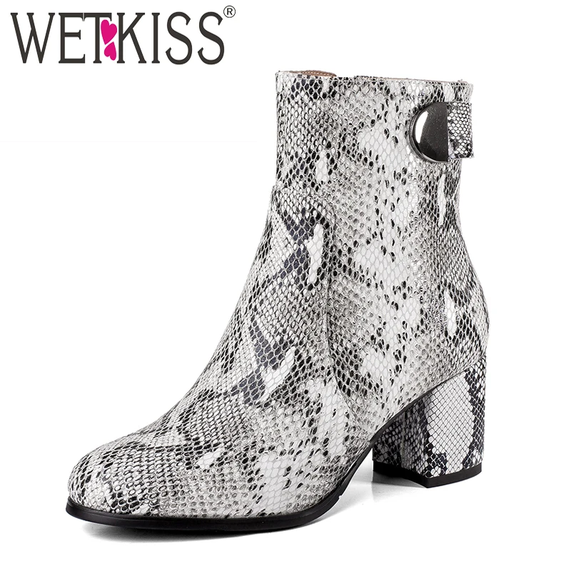 WETKISS Thick High Heels font b Women b font Boots Round Toe Snake Print Zip font