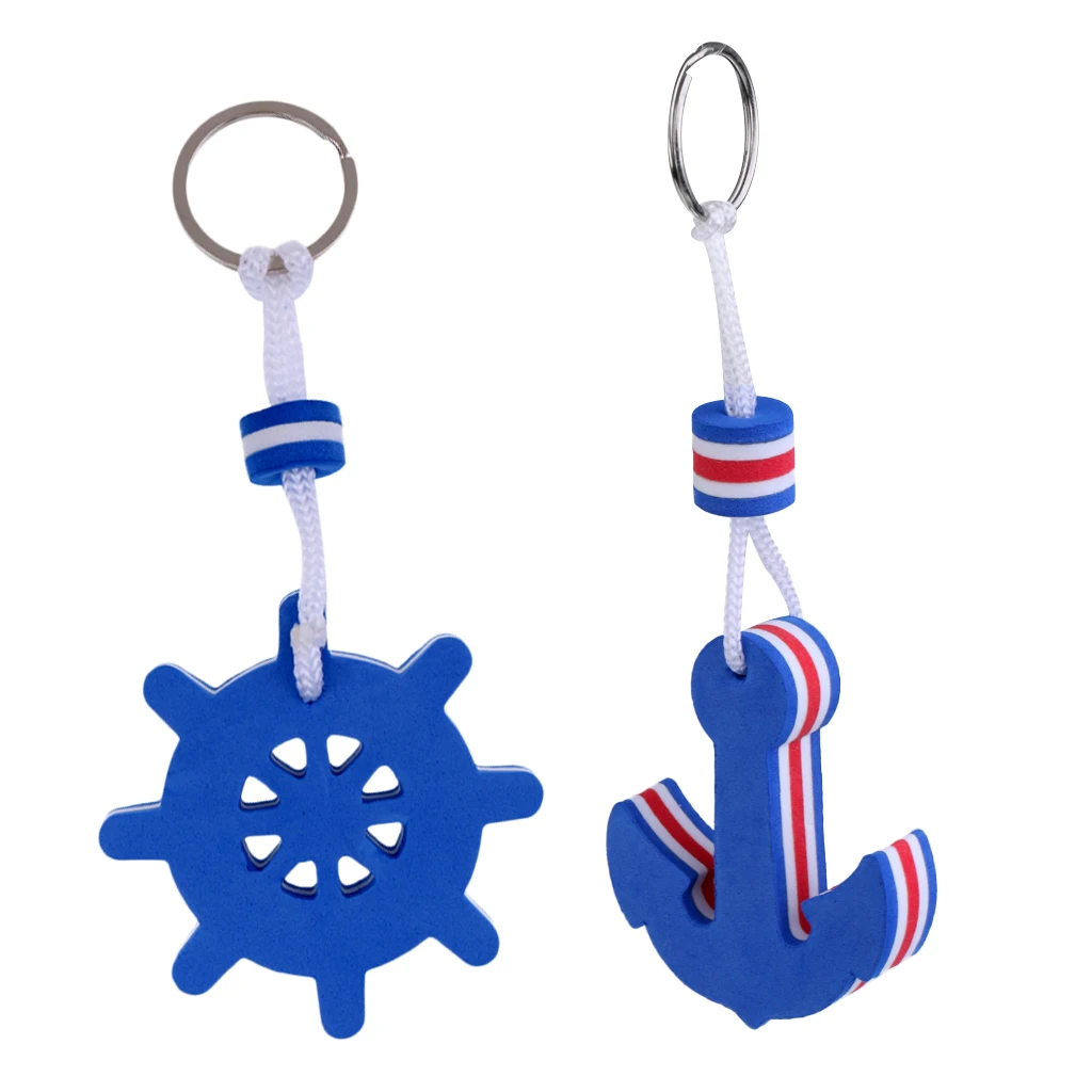 2-Piece Pack - Keychain, Floating, As Gift Ideal For Boating Water Sports Enthusiastic (Anchor And Rudder Shaped, Blue)