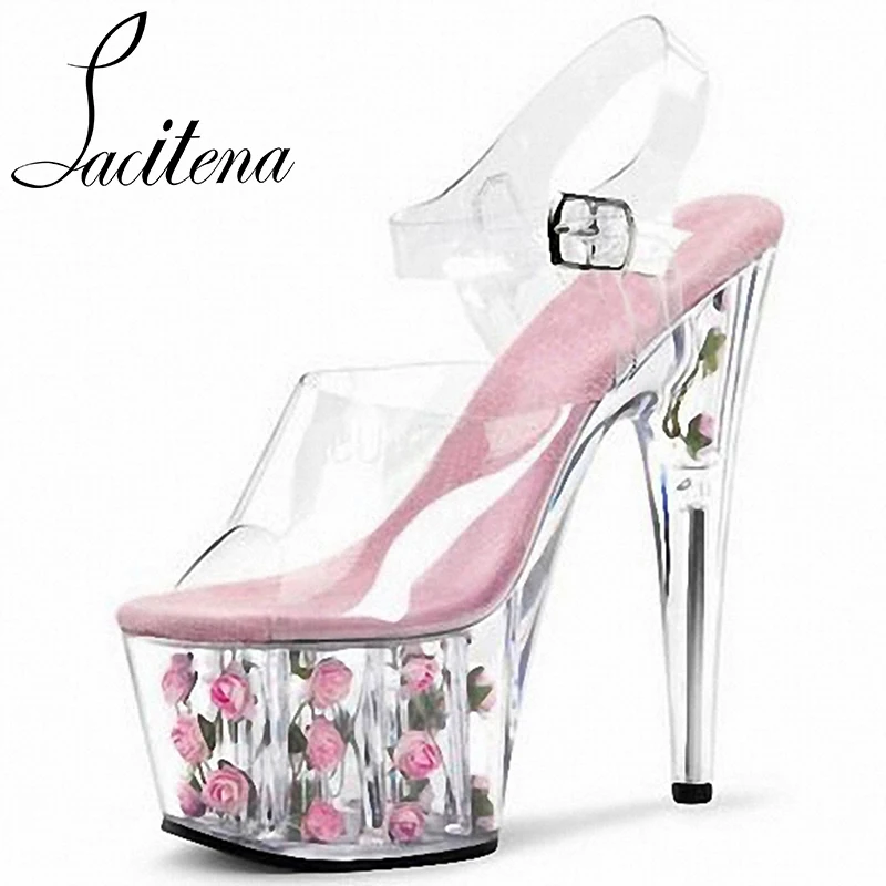 

Ladies Buckle Strap Rose Shoes Ankle-Wrap Spike Heels Shoes Platform Sandals