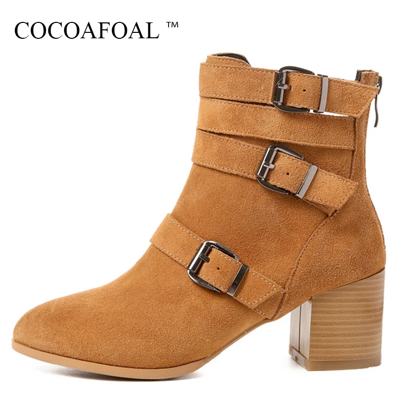 

COCOAFOAL Women's Genuine Leather Black Chelsea Boots Autumn Winter Buckle Martin Boots Nubuck Leather High Heeled Ankle Boots