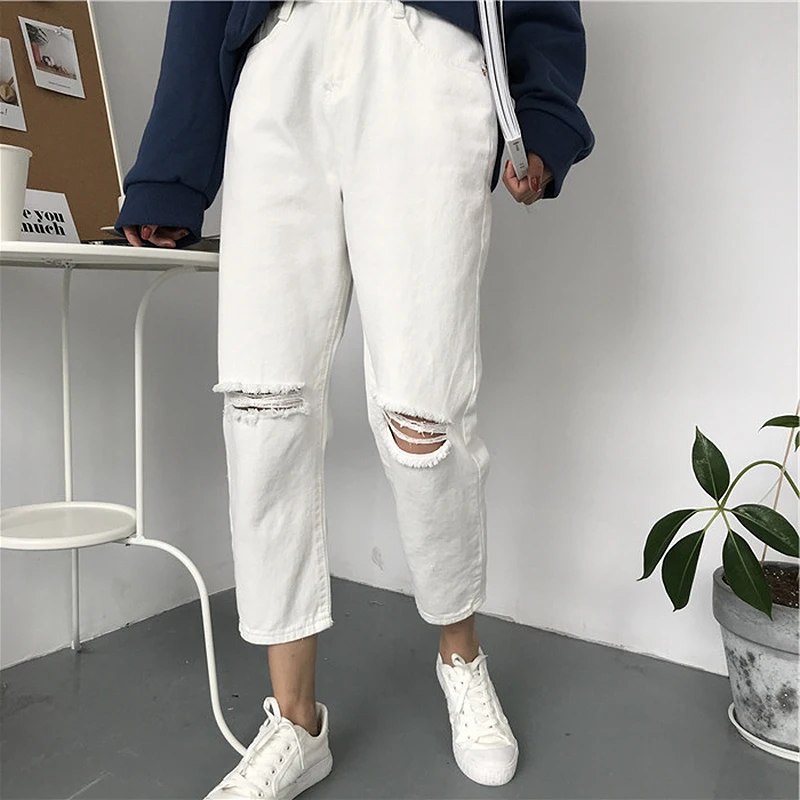 2019 Vintage Ripped Jeans Woman High Waist Loose Boyfriend Jeans Plus Size White Black Jeans for women Casual Mom Jeans femme