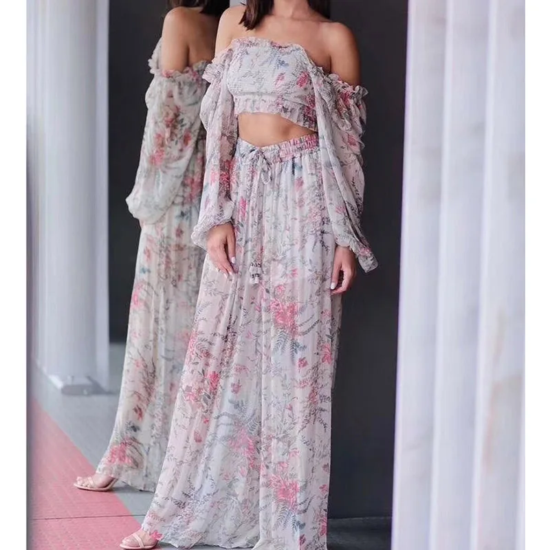 

Cosmichic Women 2 Piece Set Print Short Vest With Print Bohemian Trousers Long Sleeve Elegant Floral Print 2 Piece Set 2019 SS