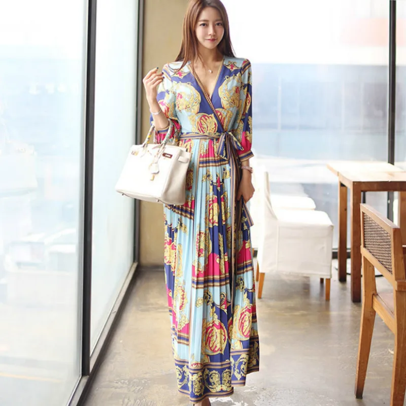 

2019 Summer 3/4 Sleeve V-Neck Cloth Sashes Swing Maxi Long Vintage Print Casual Holiday Beach Dress