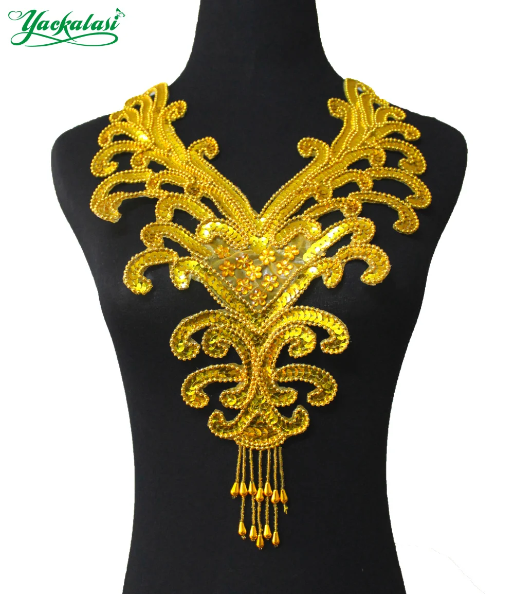 

YACKALASI 5 Pieces/Lot Sequined Collar Gold Beading Cosplay Appliqued Flower Corsage Gld and silver patches 24.5cm*34cm