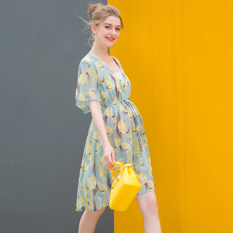 

Maternity Dress Chiffon floral skirt shirt short sleeved summer summer loose fashionable mom slim belt