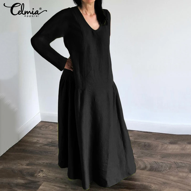 

2019 Celmia Women Vintage Shirt Dress Fashion Long Sleeve Maxi Long Dress Solid Casual Loose Pleated Party Vestidos Plus Size