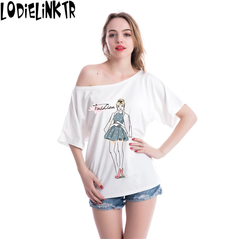 

2018 Casual Woman T Shirt Sexy One Shoulder Tops Short Sleeve Loose T Shirt Party Club Bottoming Print Shirt Women Tops 6VB106