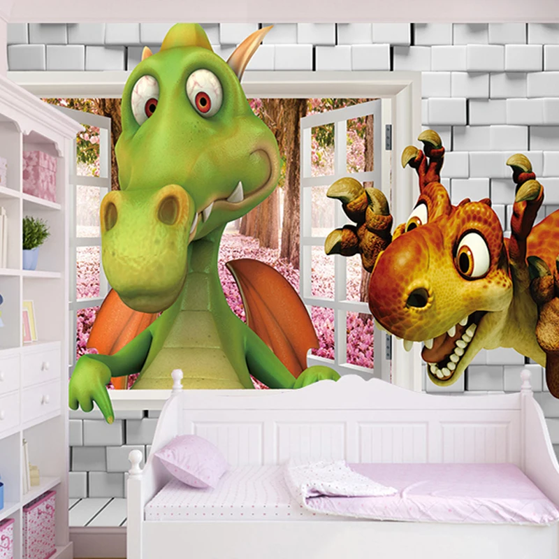 Custom Photo Wallpaper 3D Cartoon Cute Dinosaur Brick Wall Children Room Bedroom Background Wall Decor Mural Papel De Parede 3D