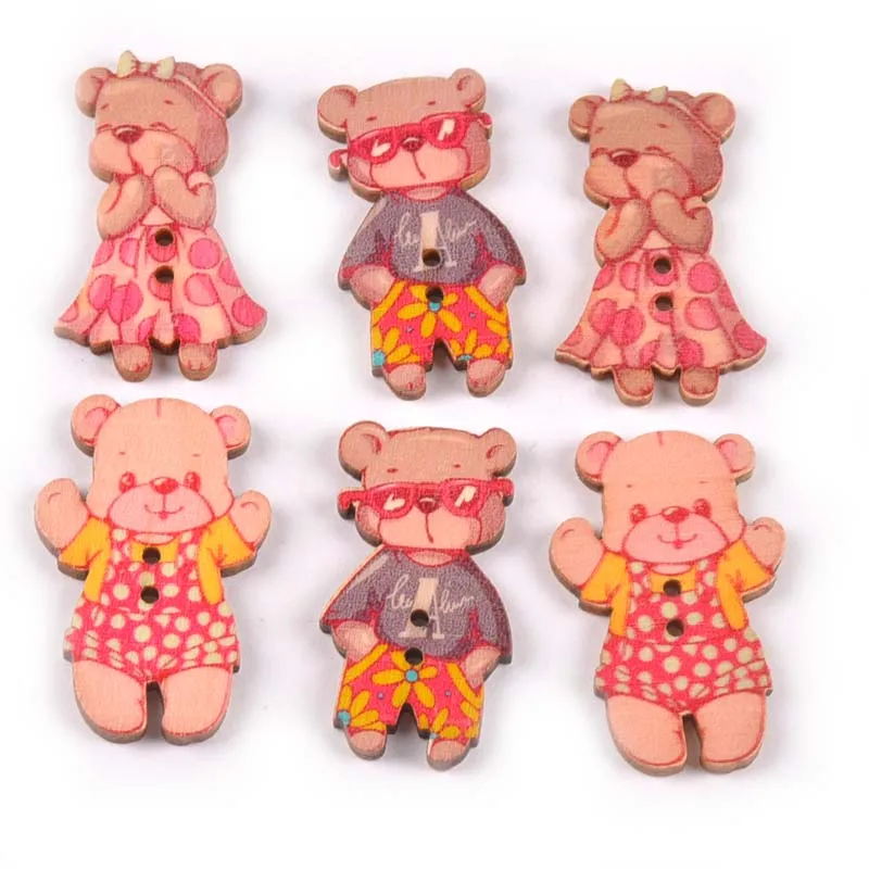 

25Pcs Handmade Crafts Mixed Shape Lovely Bears Wood Button Decorative Children's Garment Flatblck Buttons For Scrapbooking M1723