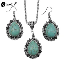 3pcs/sets Vintage Silver Tone Craved Leaves Drop Earrings Water Drop Green Stone Necklaces Femme Jewlery Sets for Women Gifts