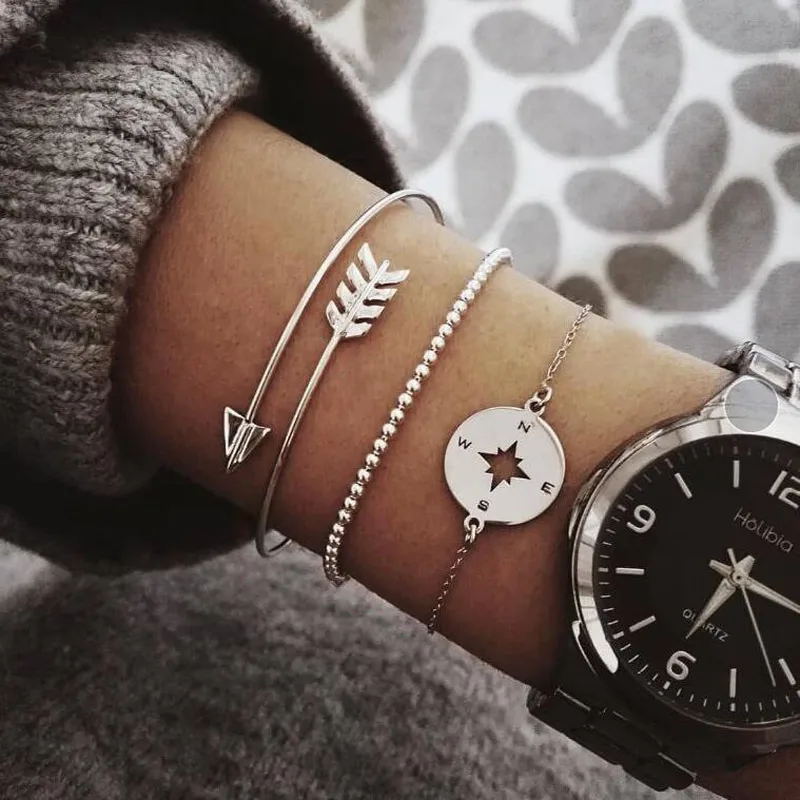 

Modyle 3 Pcs/set Bohemian Hollow Arrow Compass Beads Chain Silver Multilayer Bracelet Women Exquisite Charm Jewelry Gift