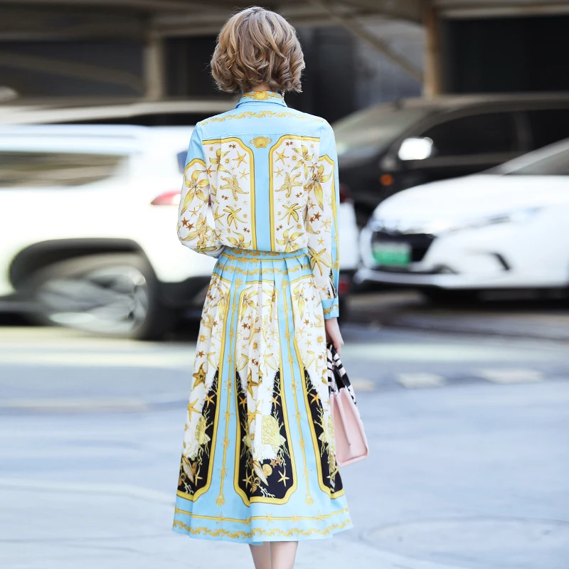 GEORELIOT Runway Designer Two Piece Suit Set Womens Long Sleeve Bow Collar Vintage Printed Blouse And Retro Midi Skirt Sets Women's Sets