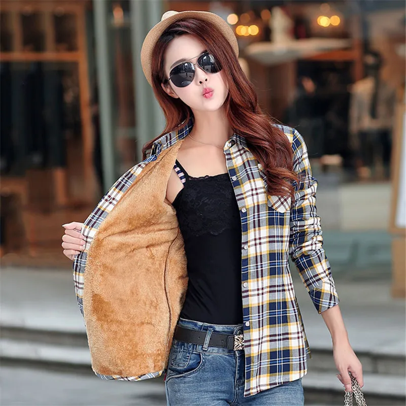 low cost 2019 New Winter Warm Women Velvet Thicker Jacket Plaid Shirt Style Coat Female College Style Casual