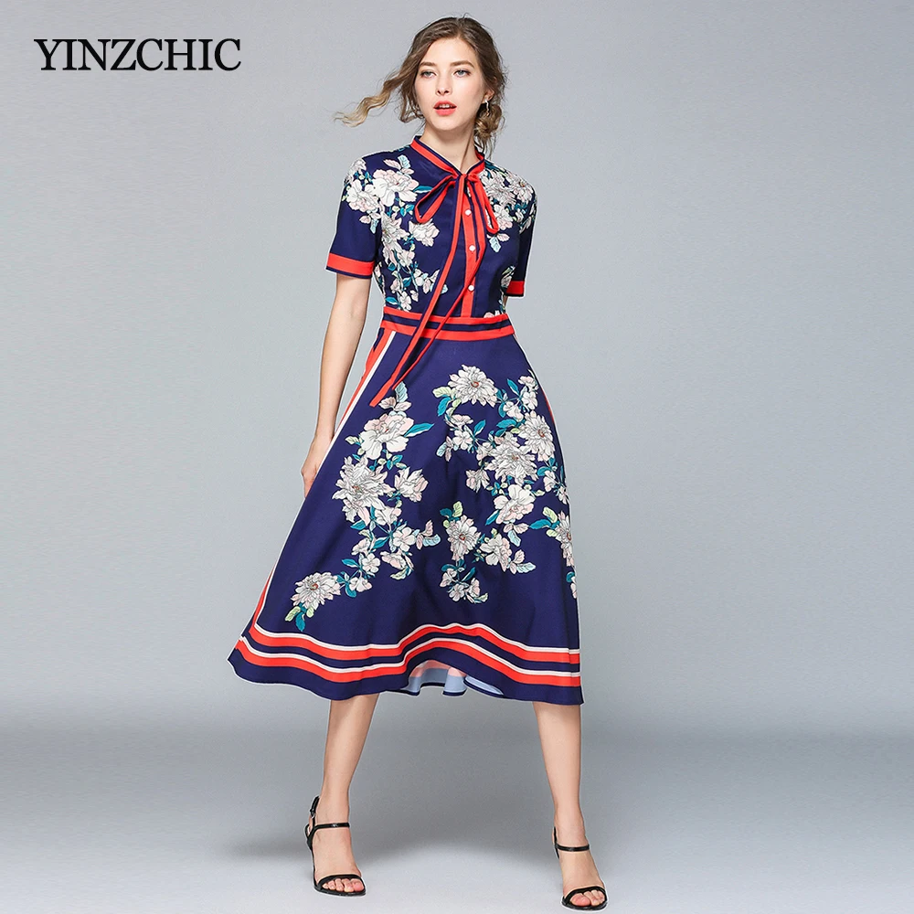 

Vintage Woman Print A-line Dress Bow-neck Female Casual Party Dress Slim Ladies Floral Dress Calf-length Summer Dress Woman