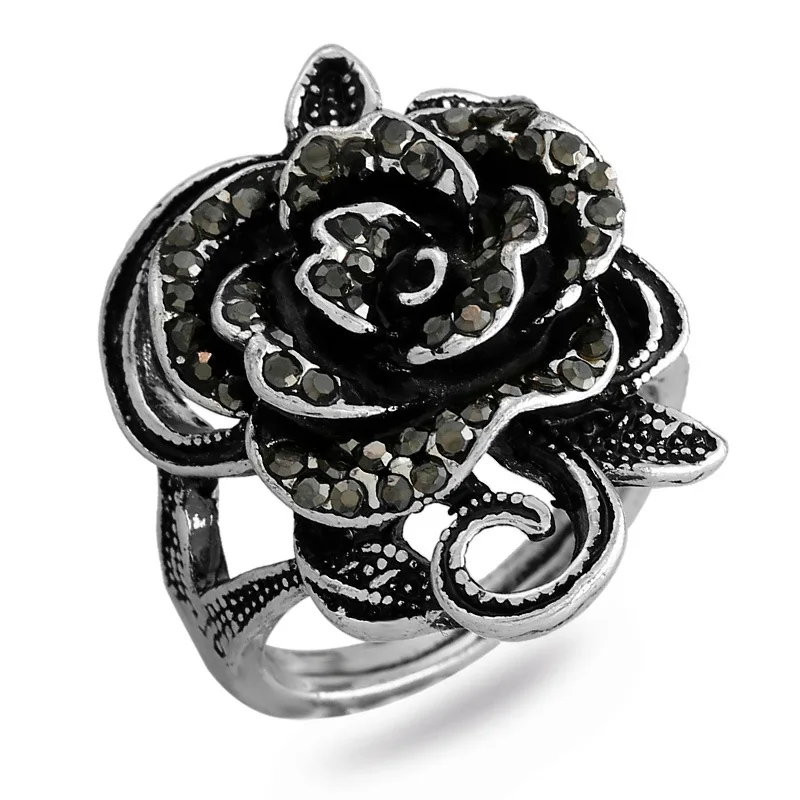Hot Sale Fashion Jewelry Rings VINTAGE Crystal Black Rose Flower Rings Index Finger Rings For Woman Men