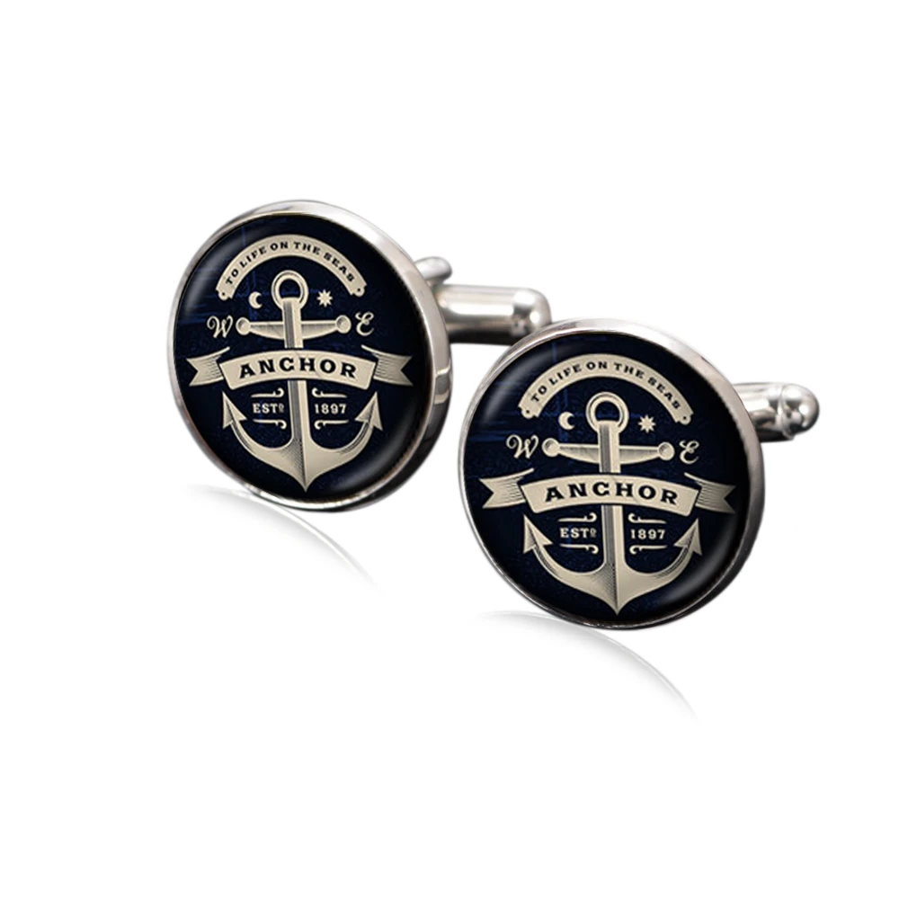 

1 pair Sailing Anchor Theme Cufflink 18mm Glass Charms Silver Plated Copper Based Multi Customized Pattern XK0023