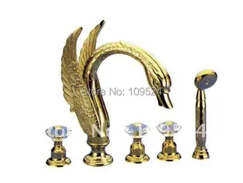 

Free shipping PVD GOLD finish 5 PIECE ROMAN TUB swan faucet mixer tap with crystal handles
