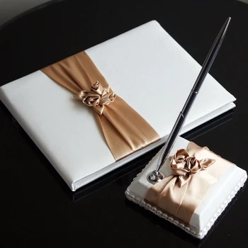 

Champagne Color Satin Wedding Guestbook & Pen Set With Petal Sash