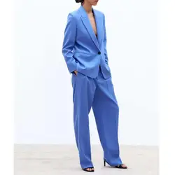 Женские синие повседневные Костюмы, пиджак на одной пуговице с высокой талией, комплект со штанами, офисный официальный комплект из двух