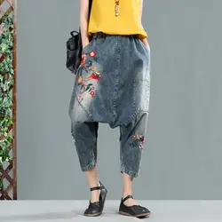 2019 рваные джинсы женские джинсовые брюки с заниженным шаговым швом по щиколотку женские джинсы с винтажной вышивкой крестовые брюки для