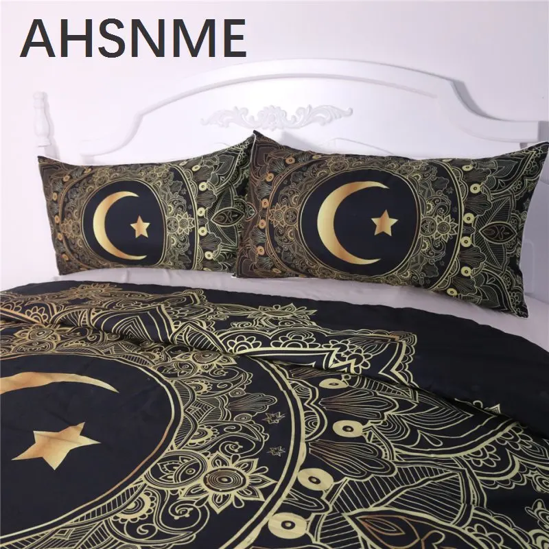 AHSNME 3 قطع الذهب ماندالا الزهور نجمة القمر حاف غطاء أسود كحلي الفراش مجموعة لينة لحاف غطاء سرير واحد غطاء