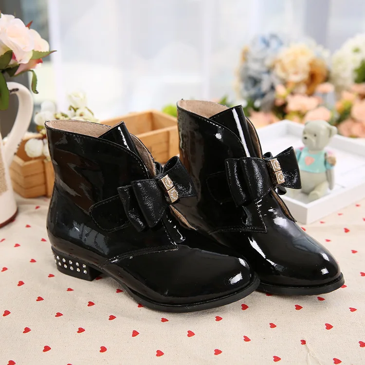 

WENDYWU 2017 autumn and winter girls wear resistant children's girls boots butterfly knot warm zipper short boots leather boots