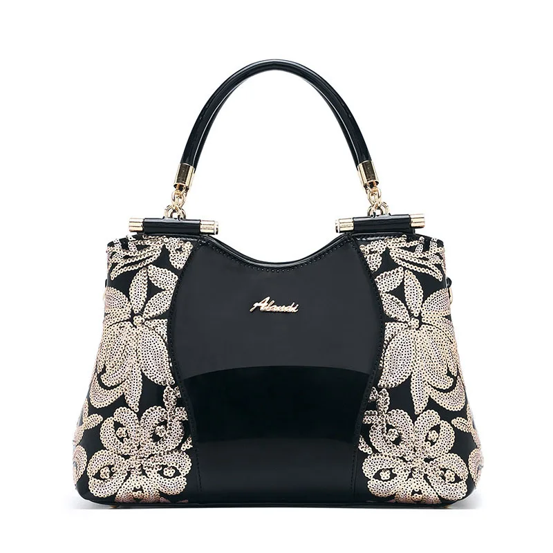 Женские Сумки для дам, сумки большой вместимости, женские сумки с верхней ручкой, ручная сумка с цветочным рисунком, роскошная лакированная кожаная сумка - Цвет: black