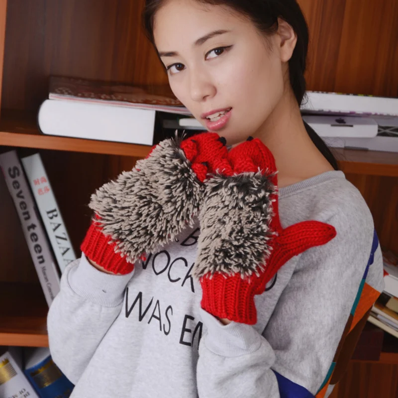 Women's Winter Cartoon Hedgehog Gloves Without Fingers Knitting Wool Warm Mittens Fingerless Glove