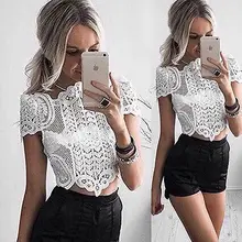2016 Summer Womens Lace Blouse Hollow Out Sexy Shirts Short Sleeve Lace Shirt Tops Blouse Ladies Tops