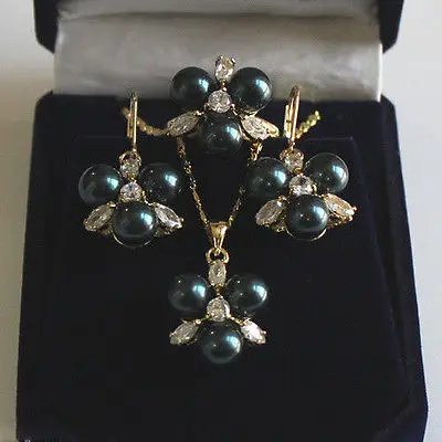

8mm Black South Sea Shell Pearl Earrings Ring & Necklace Pendant Jewel Set >^^>18K gold plated watch Quartz stone CZ crystal