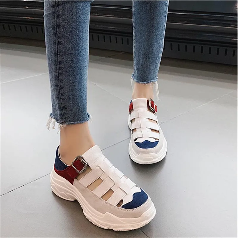 

Women's Sandals 2019 New Summer Thick Leather Ladies Sandals Platform Herringbone Slopes Casual Sports Shoes High-Heeled Shoes