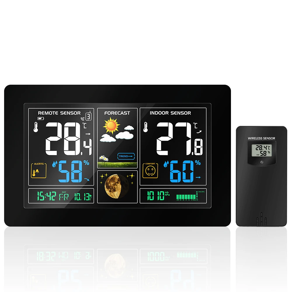 Беспроводная метеостанция настенный цифровой будильник барометр термометр датчик гигрометра, цветной ЖК-дисплей