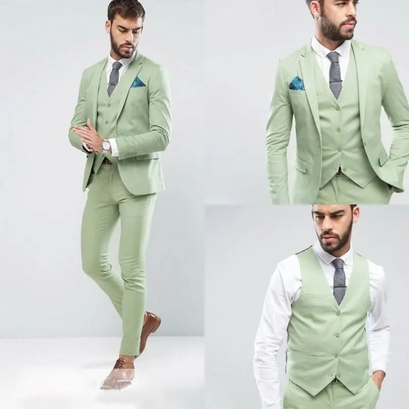 514 Custom Made One Button Men's Fashion Wedding Suits Light Green 3Pcs Tuxedos Formal Groom Tuxedos(Jacket+Pants+Vest) G514