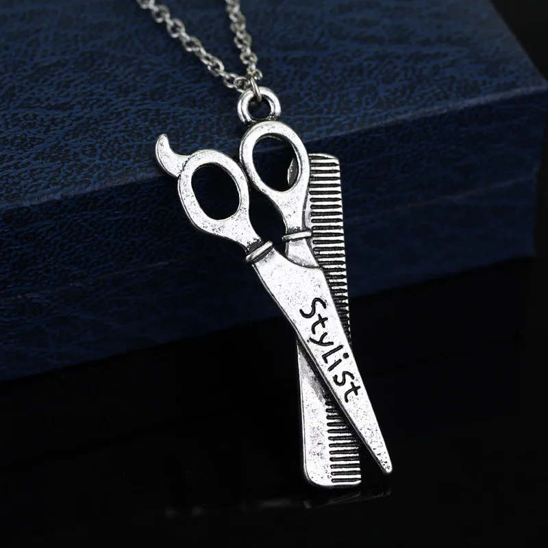

Fashion Vintage Silver Hairdresser Hair Stylist Comb Scissors Charms Metal Pendants Necklace Christmas Gift for women men