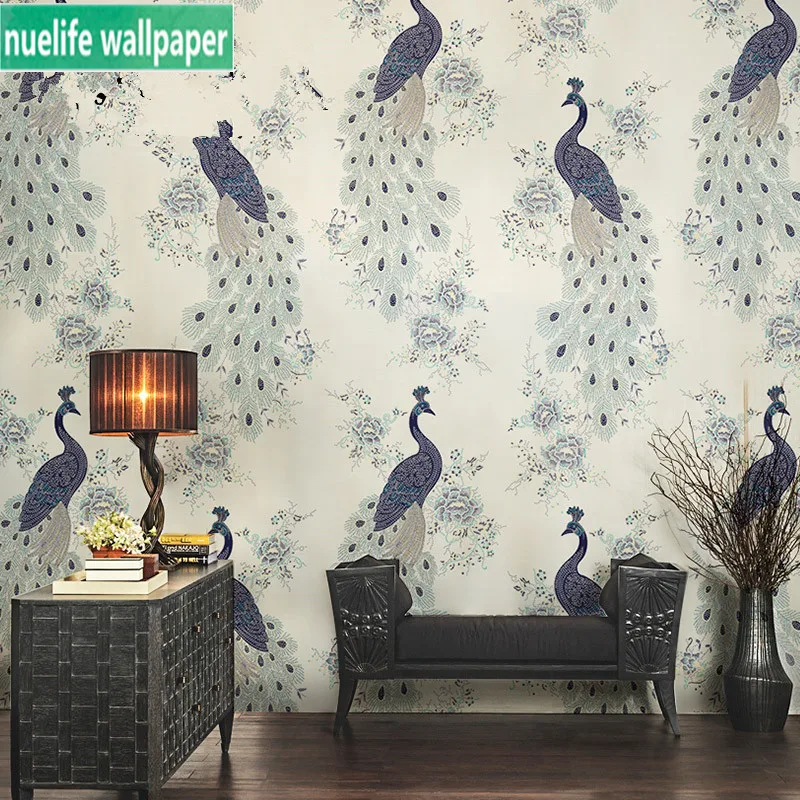 

Chinese style blue peacock pattern study room dining room bedroom kids room teahouse hotel corridor TV background wall paper