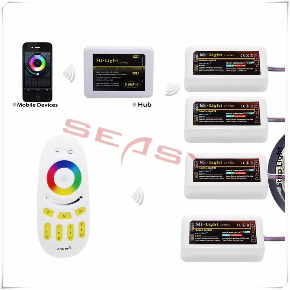

Mi Light 2.4G WiFi Controller+ RF Remote Control + 4*4-Zone RGBW Controller of 2.4G Wireless RGBW Control System
