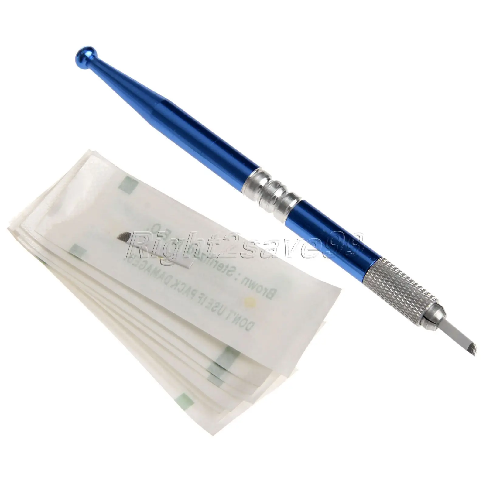 

Manual Eyebrow Tattoo Pen + 10 PCS 12Pins white blades Permanent Makeup Alloy Blue Handle Pen Kit Microblade Machine Embroidery