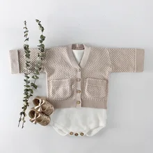 Вязаный свитер для маленьких девочек; осенне-зимний хлопковый Детский кардиган для мальчиков; свитер; куртка; однотонная детская верхняя одежда; RT195