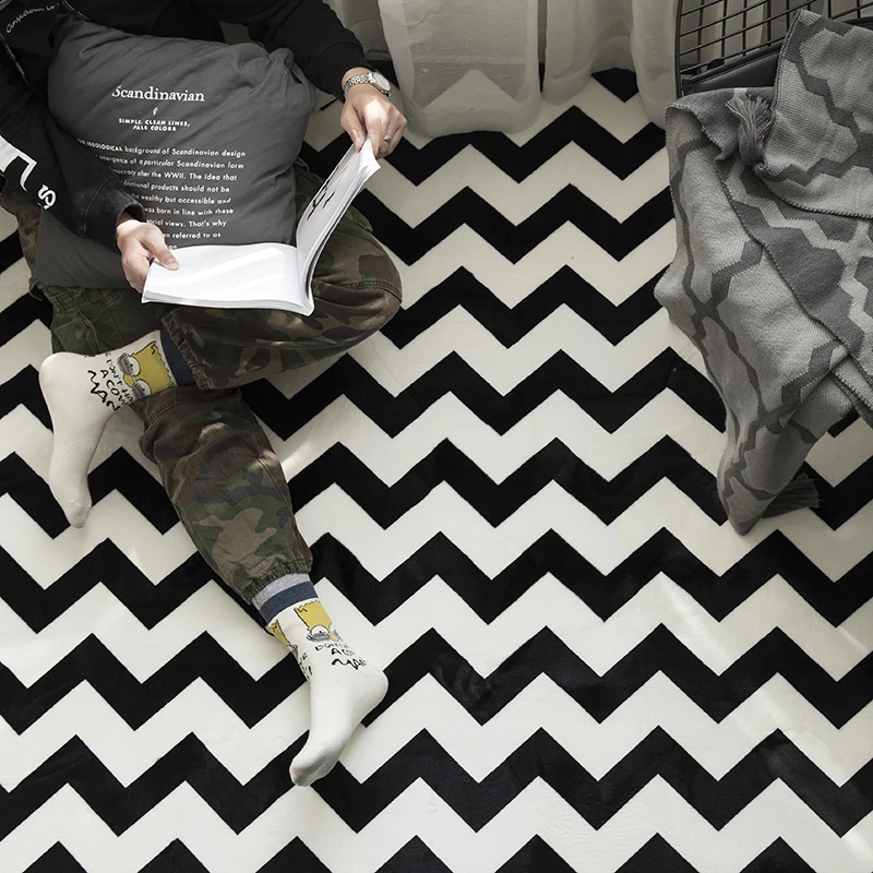 Modern style black and white geometric striped carpet ,gray living room